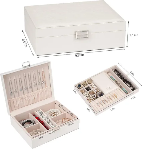 Miniatura 2 de Caja organizadora de joyas para niñas y mujeres, estuche de viaje grande de doble capa con caja de regalocolor blanco
