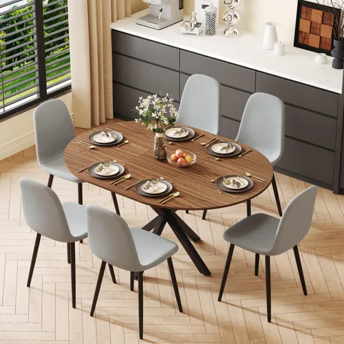 Miniatura 17 de Juego de mesa de comedor redonda para 4, juego de mesa de comedor extensible de 43-59 pulgadas, mesa de grano de madera de nogal y 4 sillas