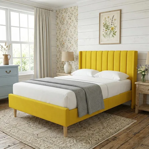 Miniatura 45 de Base de cama Queen con cabecero, base de cama de plataforma con respaldo de terciopelo vertical copetudo, soporte de listones de madera, no necesita