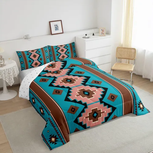 Miniatura 3 de Feelyou Juego de edredón bohemio azteca para niños, tamaño individual, juego de ropa de cama de color marrón verde azulado para niños y niñas