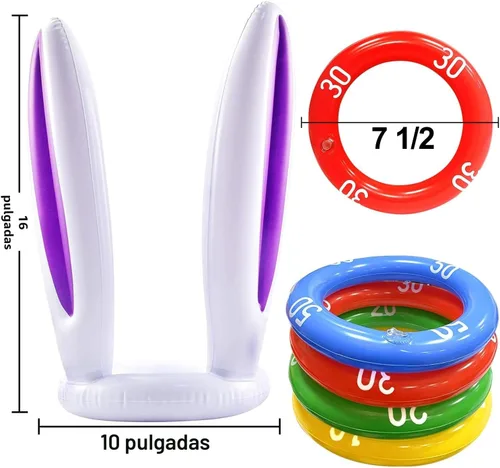 Miniatura 3 de [16 Anillos de Puntuación] Paquete de 4 Juego de Lanzamiento de Anillos de Orejas de Conejo Inflable de Pascua, Esencial para Canasta de Pascua