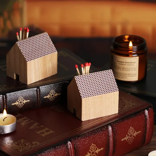 Miniatura 6 de Juego de 2 soportes de madera con forma de casa de Haoideo con almohadilla de golpeador; Haoideo Home Decor Wood House Match Holder Natural Life