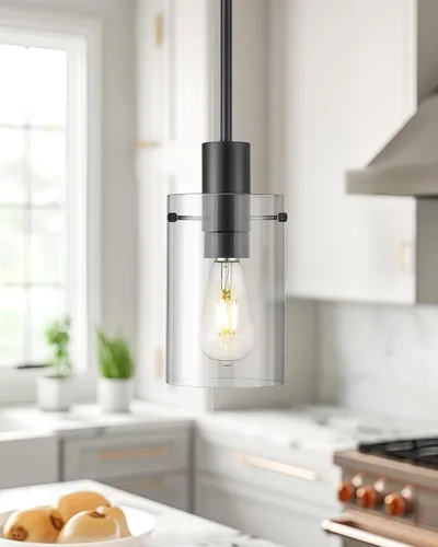 Miniatura 3 de Emak PL127-BKBK-CG-2PK - Luces colgantes negras de isla de cocina, paquete de 2 lámparas colgantes de 5 pulgadas con pantalla de vidrio