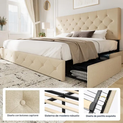 Miniatura 6 de Allewie - Base de cama con plataforma tamaño King, tapizada, con 4 cajones de almacenamiento y cabecera, diseño tapizado cosido en forma de diamante
