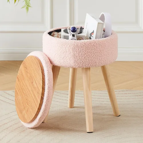 Miniatura 7 de Otomana de Almacenamiento Taburete, Taburete de Tocador Redondo de Terciopelo Teddy, Taburete con Bandeja Superior y Patas de Madera, Otomana