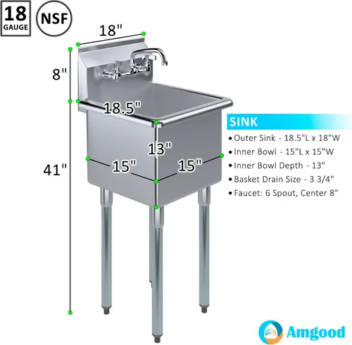 Miniatura 3 de Fregadero de acero inoxidable con grifo Acero inoxidable 304 NSF Tamaño del tazón interior: 15 "x 15" Tamaño total: 18.5 x 18 pulgadas