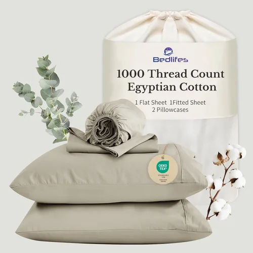 Miniatura 35 de Bedlifes Sábanas de algodón egipcio de 1000 hilos, tamaño Queen, 4 piezas con bolsillo profundo de 16 pulgadas, ropa de cama ultrasuave refrescante