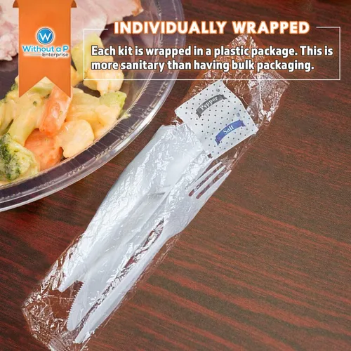 Miniatura 4 de Juego de cubiertos de plástico blanco de peso pesado envueltos individualmente, tenedor, cuchara, cuchillo con servilleta y paquetes de sal