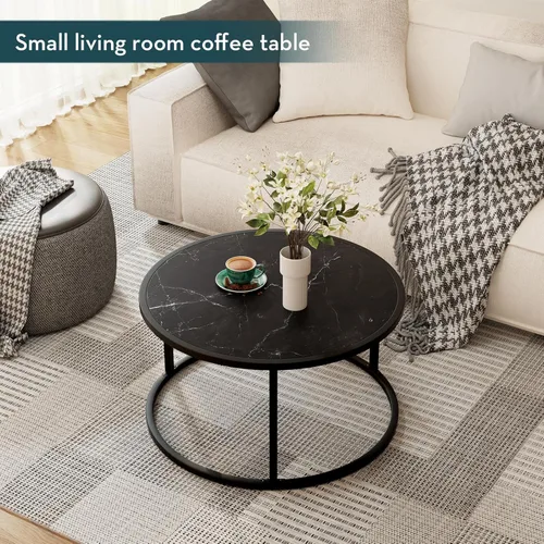 Miniatura 7 de SAYGOER Mesa de centro redonda de mármol negro para sala de estar, mesa central moderna con marco de metal, 27.6 × 27.6 × 17.7, mármol sintético