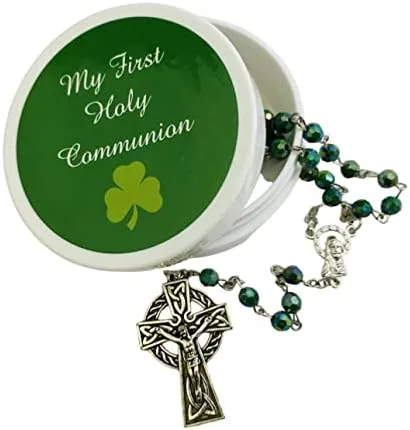 Westmon Works Juego de rosario irlandés de la primera comunión, juego de oración de San Patricio con cuentas verdes de Irlanda, crucifijo celta de