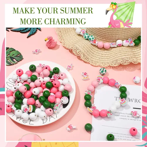 Miniatura 3 de Tradder 200 cuentas redondas de verano de flamenco, cuentas de madera con hojas de palma pulidas hawaianas tropicales para hacer joyas, manualidades
