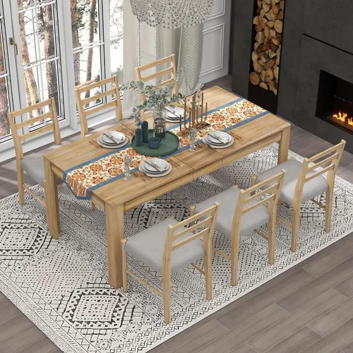 Miniatura 10 de Juego de comedor de madera de 7 piezas, mesa extensible multifuncional con hojas de 12 pulgadas y 2 cajones, más 6 cómodas sillas de comedor