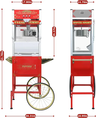 Miniatura 2 de Máquina comercial para palomitas de maíz de 32 oz con carrito - Hervidor de acero inoxidable con ruedas, bandeja calefactora y vidrio templado