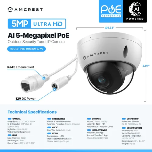 Miniatura 7 de Amcrest Cámara POE de 5 MP, Cámara de seguridad IP POE de domo antivandálico para exteriores, 5 megapíxeles, visión nocturna de 98 pies, lente