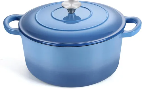 TeamFar 6QT Horno Holandés con Tapa, Olla de Cocina de Hierro Fundido Esmaltada Antiadherente para Guisar, Hornear, Brasear, Apto para Varias Azul
