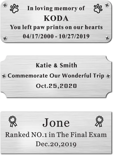 Miniatura 6 de 3" de ancho x 0.75" de alto, personalizadas, con grabado láser personalizado, etiquetas de nombres para armazones con imágenes, placas de acero