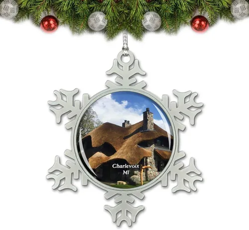 Charlevoix Mushroom House Michigan USA Adorno de Navidad Decoración de árbol de cristal Metal Souvenir Regalo