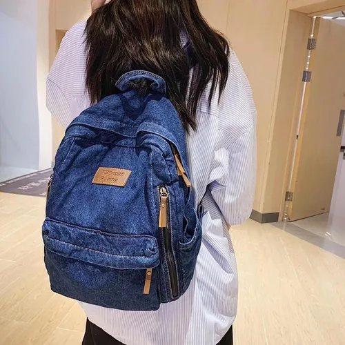 Miniatura 4 de Mochila de mezclilla para mujeres y hombres, mochila vintage estilo grunge, mochila para computadora portátil, mochila retro para viajes y trabajo