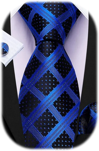 Miniatura 45 de Barry.Wang Juego de corbatas a cuadros para hombre con pañuelo gemelos de rayas clásicas