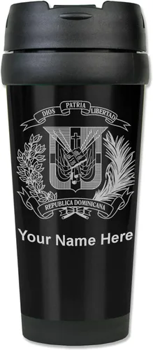 LaserGram Taza de viaje de café de 16 onzas, escudo de armas República Dominicana, grabado personalizado incluido (negro)