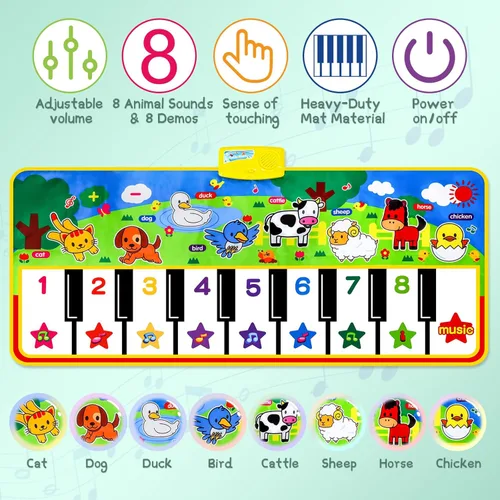 Miniatura 2 de M SANMERSEN Tapete de piano, 53'' x 23'' juguetes musicales para niños pequeños, tapete de juego táctil de piano de piso con 8 sonidos de animales