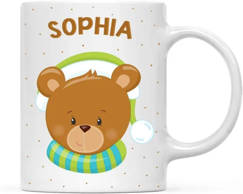 Andaz Press Taza de chocolate caliente con leche personalizada de 11 onzas para niños, oso de Navidad con bufanda verde azul, paquete de 1, taza de