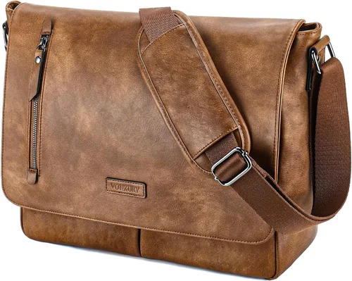 Miniatura 8 de VX VONXURY Bolsa de mensajero para hombre, piel sintética de 14 pulgadas, maletín para laptop para trabajo y escuela, café, Piel sintética negra