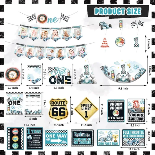Miniatura 3 de Fast One - Decoraciones de cumpleaños para niños, 143 piezas de suministros de decoración de primera fiesta de carreras para bebé, pancarta