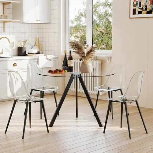 Juego de mesa de comedor redonda para 4, mesa de vidrio templado transparente de 39 pulgadas con patas de metal negro y 4 sillas acrílicas