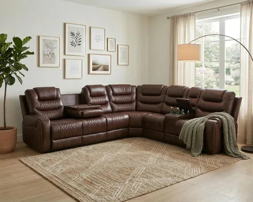 Miniatura 14 de Breathing Leather Sectional Sofa with Dual Power Recliner, 6 Seater L Shaped Reclining Couch for Living Room, Sectional Couch with Reading Lamp/USB