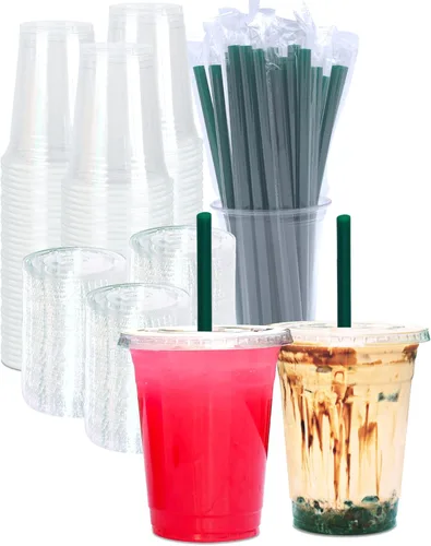 Miniatura 8 de [100 CONJUNTOS] Vasos de plástico transparente de 12 onzas con tapas y POPOTES, vasos desechables para café helado con tapas, vasos transparentes