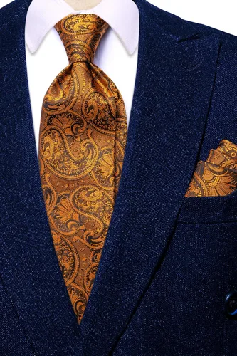 Miniatura 215 de Hi-Tie Corbatas de seda para hombre, diseño de cachemira a rayas, con bolsillo, gemelos cuadrados, conjunto formal de negocios