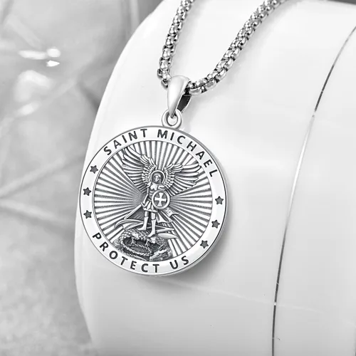 Miniatura 127 de Odinstone Collar de plata de ley 925 con medalla de San Miguel/San Cristóbal/San Benito/Crucifijo de Jesús/San Uriel/Arcángel Rafael para hombres