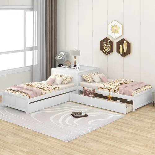 Miniatura 4 de Moderna cama de plataforma en forma de L con nido y cajones, cama de plataforma de madera de tamaño individual con mesa cuadrada abatible White#w
