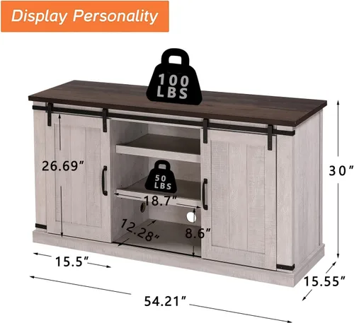 Miniatura 2 de Soporte de TV de madera moderno de granja blanco y gris para TV de 65 pulgadas, consola de TV rústica, mesa central de entretenimiento multimedia