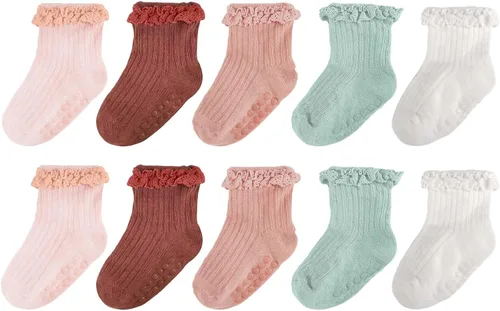 Miniatura 15 de Calcetines de Volantes para Niña Bebé, Calcetines Antideslizantes de Agarre para Niñas, Calcetines de Tobillo Frilly de Algodón Lindos para Niñas