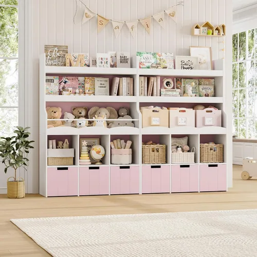 Miniatura 3 de HITHOS Estantería infantil de 55.3 pulgadas de alto con organizador de almacenamiento de juguetes, estante alto para libros con 3 contenedores Rosa