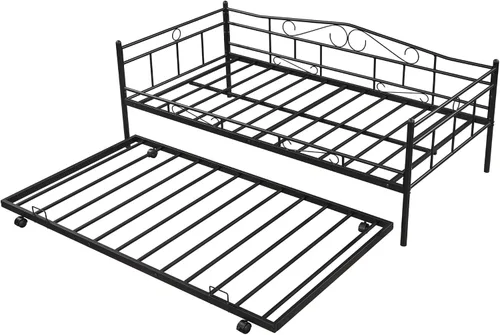 Miniatura 6 de Sofá cama de marco metálico de tamaño individual con ruedas extraíbles, soporte de sofá cama de listones de acero resistente para invitados, sofá