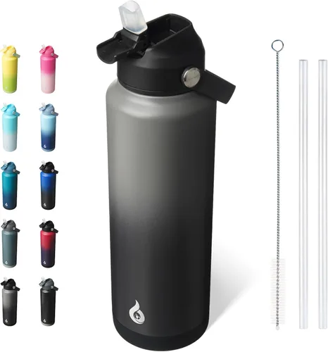 Miniatura 14 de BJPKPK - Botella de agua aislada con tapa de popote, 532 ml Botellas termo con boquilla suave, asa flexible y base antideslizante, libre de BPA, a