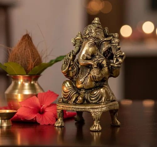 Miniatura 2 de eSplanade Ganesha de latón de 8 pulgadas en acabado antiguo Pooja Puja Ganesh Ganesha Ganpati Ganapati Murti Idol (5.75 pulgadas)