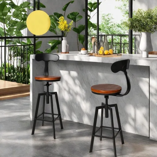 Miniatura 2 de Juego de 2 taburetes de bar industriales con respaldo, asiento giratorio de madera, altura ajustable, 25-32 pulgadas, taburete de isla de cocina