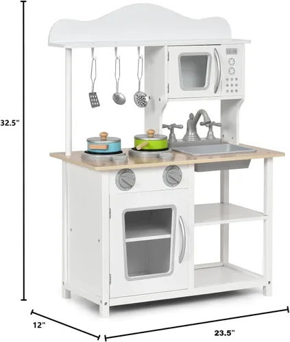 Miniatura 5 de Costzon Juego de cocina para niños, juego de cocina de juguete de madera con fregadero, horno, microondas, estufa, ollas, utensilios, cocina