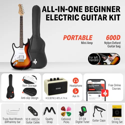 Miniatura 2 de Donner Kit de guitarra eléctrica de 39 pulgadas, cuerpo sólido, Sunburst, para zurdos, principiantes, tamaño completo, con amplificador, lección