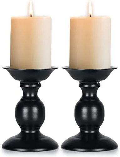 Miniatura 20 de Nuptio Portavelas negro para velas de pilar - Juego de 2 portavelas rústicos Soporte de velas de metal alto Portavelas de pilar retro de otoño