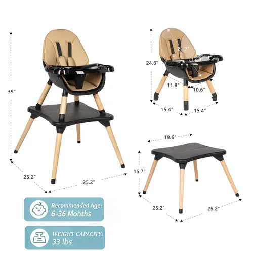 Miniatura 5 de Silla alta 6 en 1 para bebés y niños pequeños, silla alta de madera convertible, juego de mesa y silla, silla de alimentación para bebé, arnés Negro