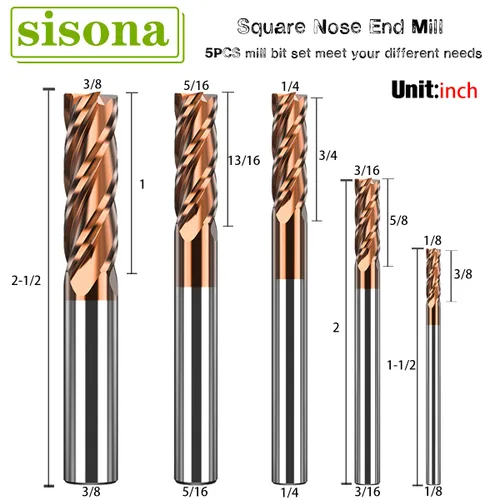 Miniatura 2 de Juego de fresas de carburo de 1/8", 3/16", 1/4", 5/16", 3/8" - Carburo sólido (carburo de tungsteno + cobalto) - 5 piezas, 4 flautas, brocas