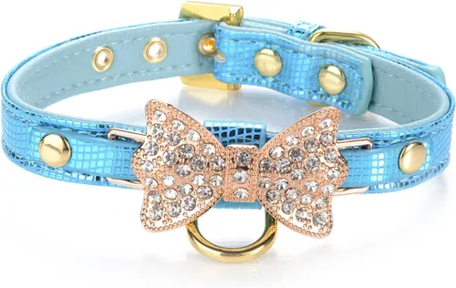 Collar de moda de cuero con purpurina y diamantes dorados con anillo para etiquetas para perros pequeños, gatos, cachorros y gatitos para paseos,
