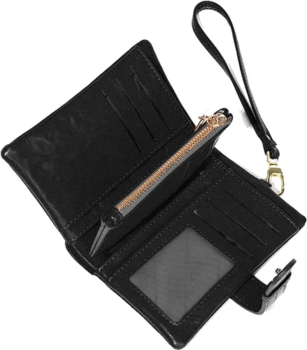 Miniatura 2 de Carteras pequeñas de cuero Rfid para mujer, billeteras dobladas medianas para mujer, cartera compacta y triple plegable con correa para la muñeca