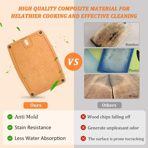 Miniatura 5 de Juego de 2 tablas de cortar para cocina, aptas para lavavajillas, ecológicas, tabla de cortar reversible con asas y ranuras para jugos, tabla