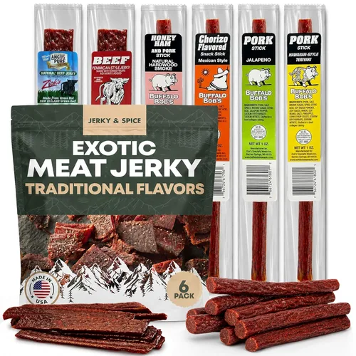 Miniatura 9 de Aperitivos de carne de caza salvaje de Buffalo Bob (paquete de 6) Muestra de carne seca exótica Juego de regalo de carne seca de res, cestas